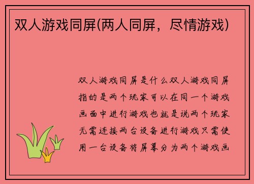 双人游戏同屏(两人同屏，尽情游戏)