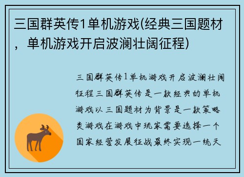 三国群英传1单机游戏(经典三国题材，单机游戏开启波澜壮阔征程)